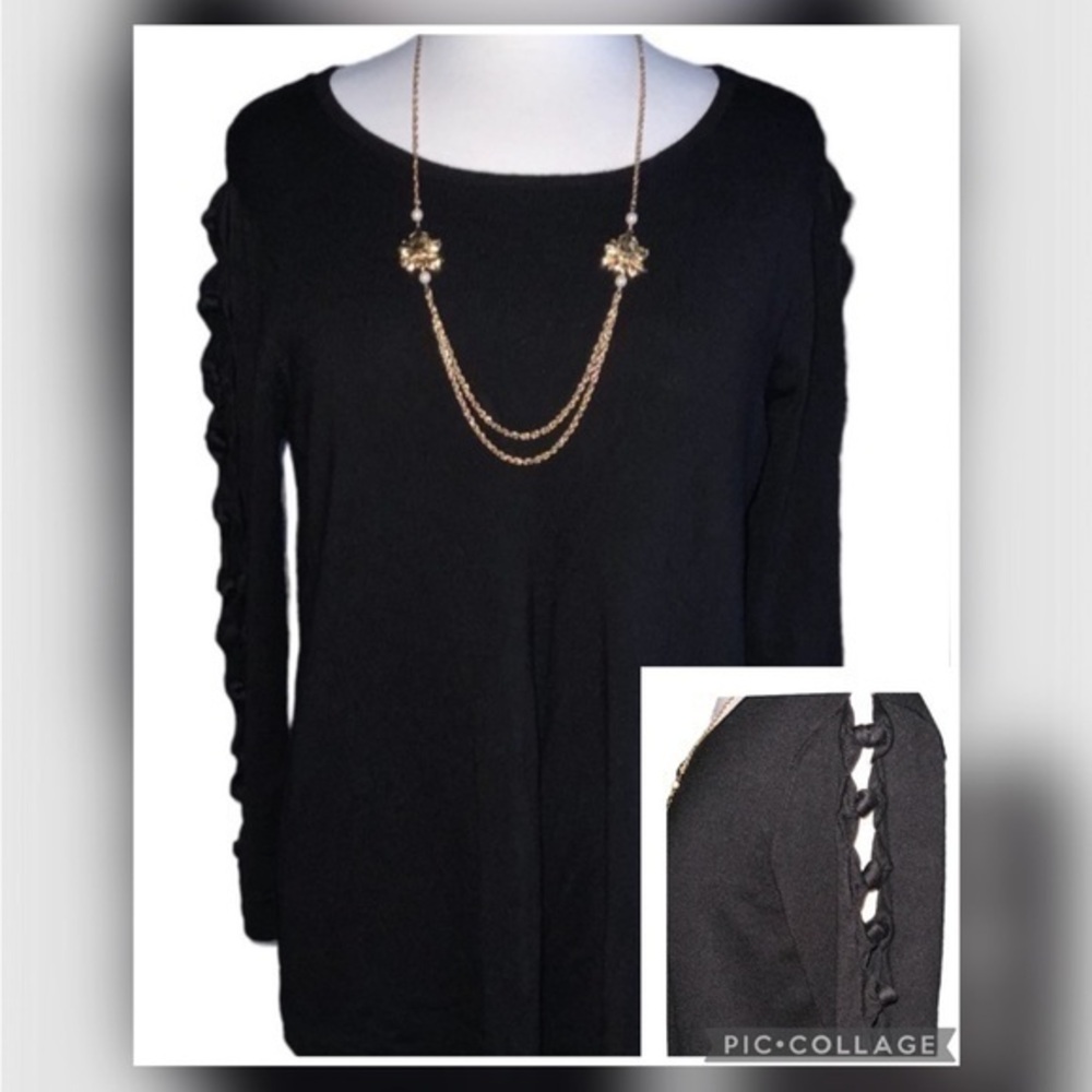 Joseph A. Black Knotted Open Sleeve Detail Pullover Round Neck Soft Sweater Lg